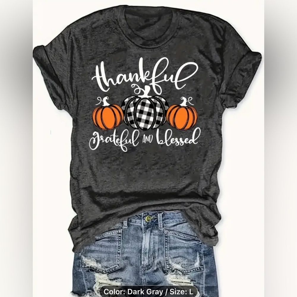 NEW T-Shirt, Large, Pumpkins, Thankful, Grateful, & Blessed, short sleeved, soft